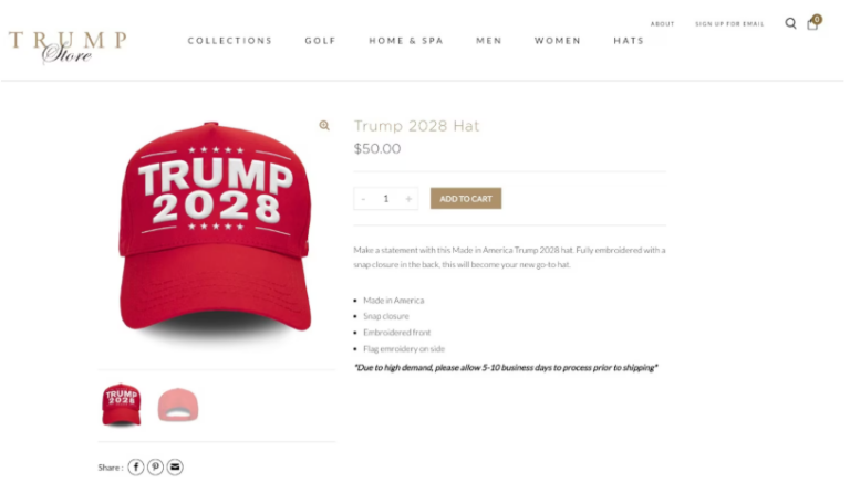 Trump Store bán mũ ‘Trump 2028’ giữa lúc ông Trump úp mở khả năng tái tranh cử