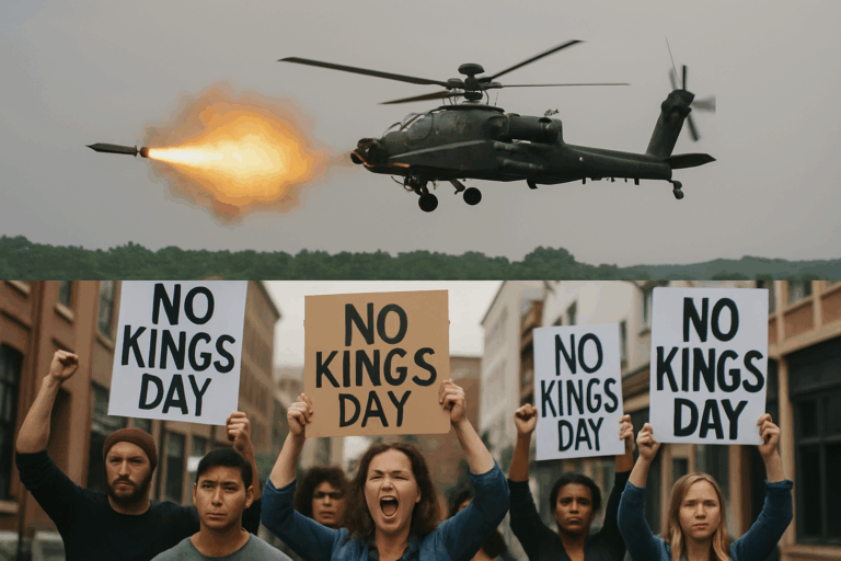 Trên trời, tập trận bằng đạn thật, dưới đất No Kings Day diễn ra, nhiều xa lộ lớn bị đóng cửa!